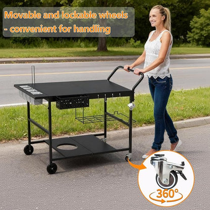 Pizza Oven Table with Topping Station, Outdoor Pizza Oven Cart, Grill Cart Table for Blackstone Griddle, Pizza Prep Station with Storage & Seasoning Tray, for Ninja, Cuisinart, Gozney