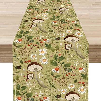 Mushroom Table Runner, Rustic Farmhouse Forest Plants Botanical Country Green Coffee Table Center Decor for Home Kitchen Dining Patio Holiday Party Indoor Table Decorations, 13"x108" Inch