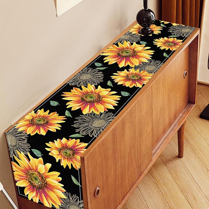 Black Yellow Floral Table Runner, Watercolor Sunflowers Vase Spring Sunshine Summer Farmhouse Rustic Table Center Decor for Home Kitchen Dining Patio Indoor Outdoor Table Decorations, 13"x36" Inch