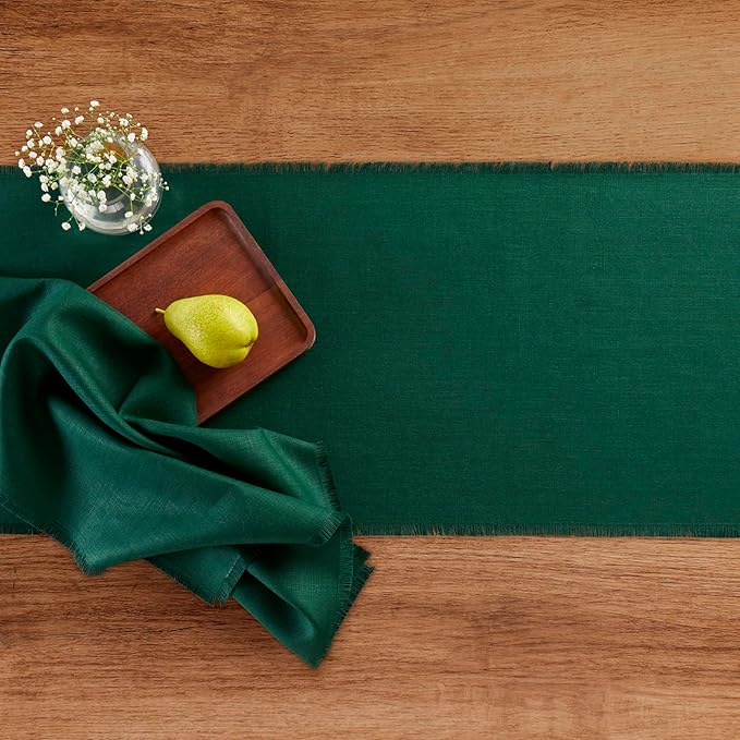 Solino Home Linen Fringe Table Runner 108 Inches Long - 100% Pure Linen Evergreen Table Runner 14 x 108 Inch for Winter, St Patricks Day - Handcrafted and Machine Washable