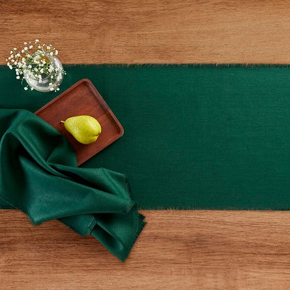 Solino Home Fringe Linen Table Runner 120 Inches Long - 100% Pure Linen Evergreen Dining Table Runner 14 x 120 Inch for Winter, St Patricks Day - Handcrafted and Machine Washable