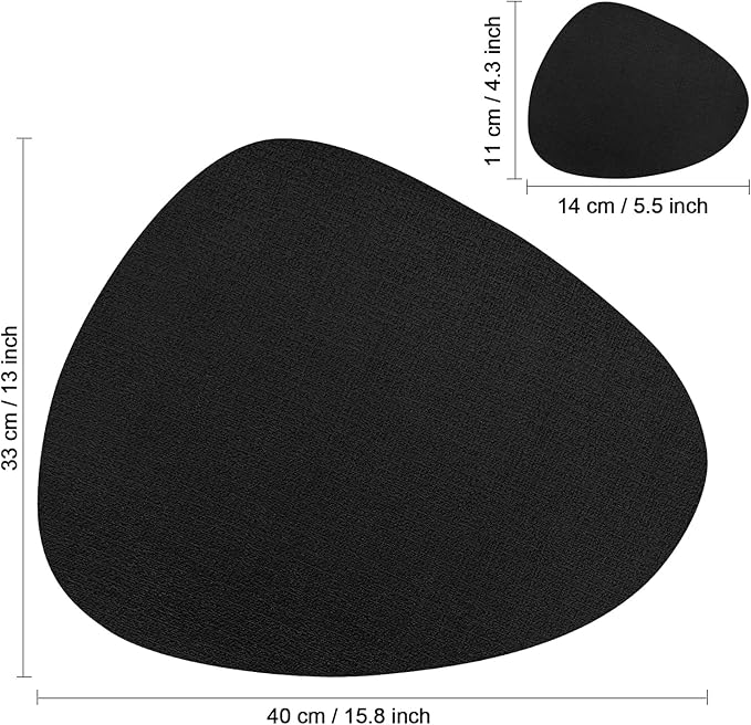Placemats and Coasters, Washable Reversible Placemats Round Faux Leather Wipeable Place Mats Non Slip Heat Resistant Indoor Outdoor Table Mats (Set of 4, Black)
