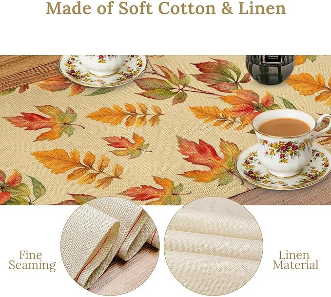 Fall Table Runner, Autumn Orange Yellow Maple Leaves Rustic Thanksgiving Farmhouse Table Cover for Kitchen Dinning Table Indoor Outdoor Party Decor, 13x60inch