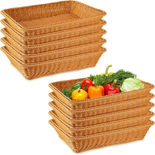 Tioncy 10 Pcs Poly Wicker Woven Bread Basket Imitation Rattan Fruit Basket Tray Stackable Rectangular Food Baskets for Serving Display Storage Kitchen Restaurant Home Vegetable (11.81 x 7.87 x 2.76")
