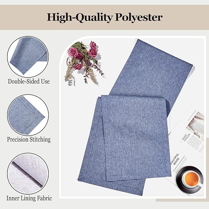 Mebakuk Linen Farmhouse Table Runner Large Burlap Style Soft and Waterproof Decorative Fabric Runner for Outdoor Wedding and Dinner (14 x 60 Inch, Denim Blue)