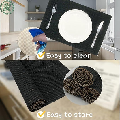ANDSTAR Set of 8 Pcs Bamboo Placemats Sushi Rolling Mat Japanese Style Natural Anti-Slip Bamboo Placemats Washable Heat-Resistant Table Mats for Dining Room and Kitchen（Black）