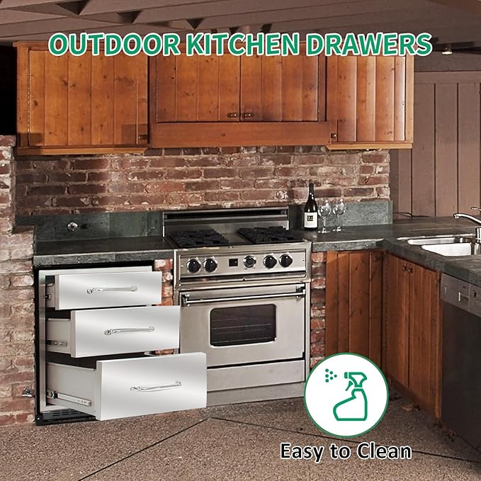Outdoor Kitchen Drawers 18" W x 21" H x 23" D Stainless Steel Triple Drawers with Ergonomic Handle for BBQ Island, Patio Grill Station & Outdoor Kitchen Cabinets