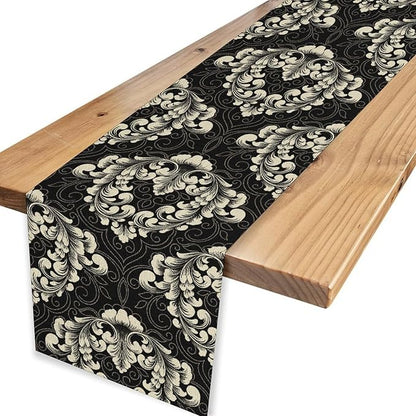 Gothic Table Runner, Retro Black Damask Baroque Style Floral Bohemian Exotic Coffee Vintage Table Center Decor for Kitchen and Dining Outdoor Home Country Party Table Decorations, 13"x90"