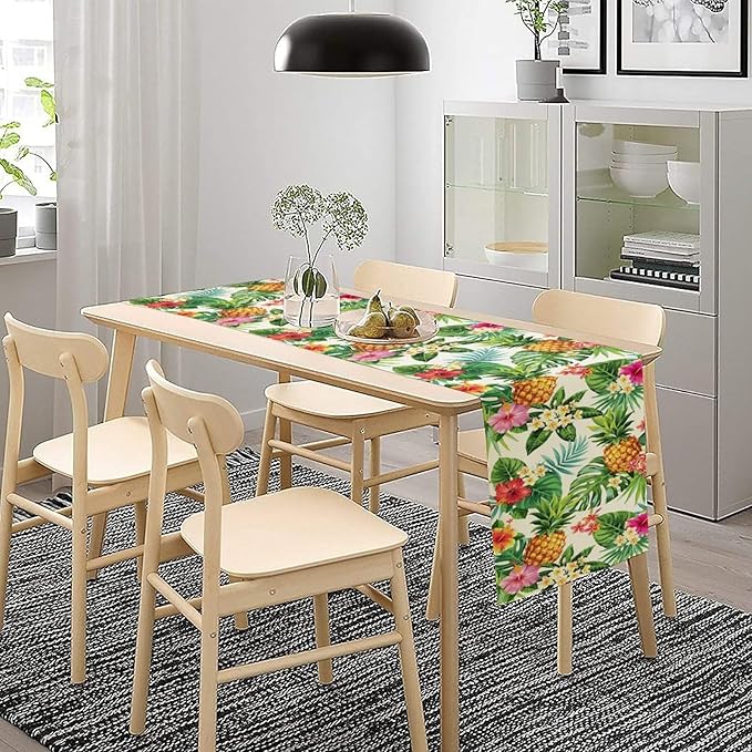 Summer Pineapple Table Runner, Tropical Palm Leaves Flowers Fruit Table Runner for Kitchen Dining Party Holiday Home 13x90in