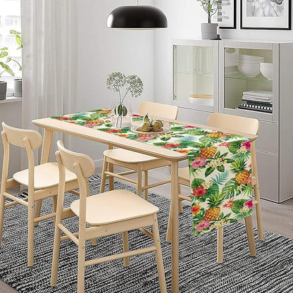 Summer Pineapple Table Runner, Tropical Palm Leaves Flowers Fruit Table Runner for Kitchen Dining Party Holiday Home 13x90in