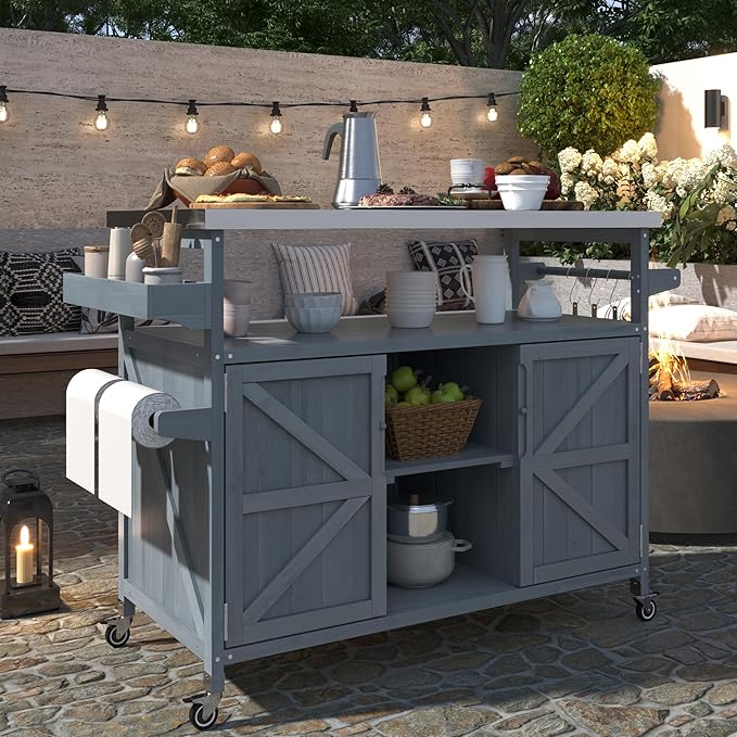 50.25" W Grill Cart with Stainless Steel Tabletop - Outdoor Storage Cabinet for BBQ, Bar Patio Kitchen Island with Ample Storage and Lockable Wheels