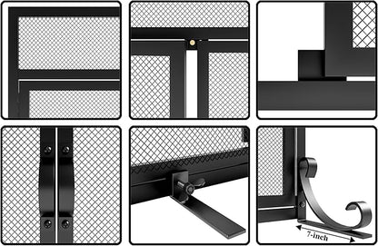 Flat Fireplace Screen with Doors,Solid Wrought Iron Frame with Metal Mesh, Flat Panel Decorative Fireplace Screen with Modern Design, Free Standing Spark Guard