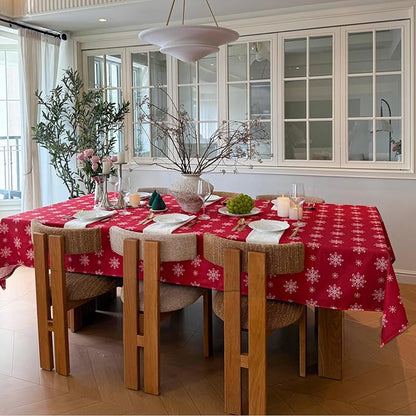 Christmas Red Tablecloth, Rectangle Table Cloh with Snowflake Decorations, Spillproof Cotton Linen Fabric Table Cover for Holiday, Winter, Party - 60''x120''