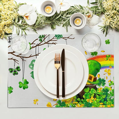 Giwawa St Patricks Day Placemats Set of 4-12"x18" Lucky Clover Tree Elf Hat Place Mat- Spring Shamrock Rainbow Colorful Linen Washable Table Mats for Kitchen Dining Holiday Party Tabletop Decor