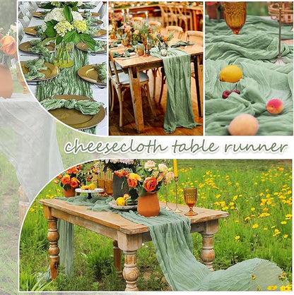 20 Packs Cheesecloth Table Runner 10FT Long Boho Gauze Fabric Table Runner Vintage Rustic Sheer Runners for Wedding Party Bridal Baby Shower Table Decorations (Sage Green)