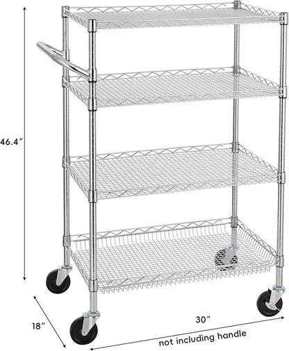Finnhomy 4 Tier Heavy Duty Commercial Grade Rolling Cart with Handle Bar, Metal Wire Utility Cart with Wheels, Service Trolley on Wheels, Shelf Size 18" D x 30" W, NSF Listed, Chrome