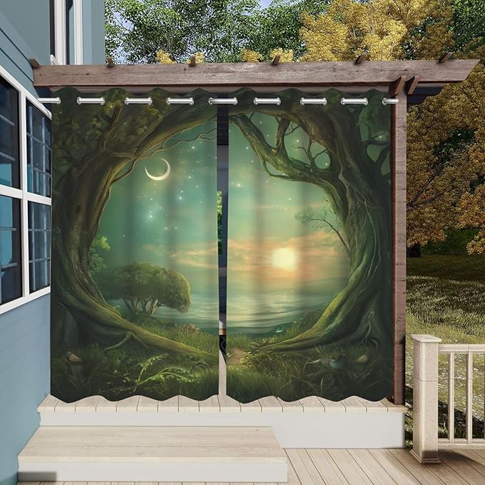 Forest theme Outdoor Curtains for Patio Waterproof,Trees Moon Lake pattern,Waterproof, Privacy, Grommet Curtains for Patio, Pergola, Porch, Deck, Lanai, Cabana,Set of 2 Panels,W54 x L108,Green