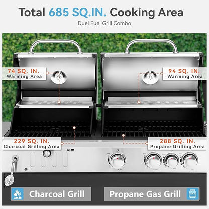 3 Burner Propane Gas and Charcoal Grill Combo with Side Burner & Porcelain-Enameled Cast Iron Grates, 37,000 BTUs 685 SQIN Dual Fuel Outdoor BBQ Grill for Patio Garden Picnic Backyard Barbecue Cooking