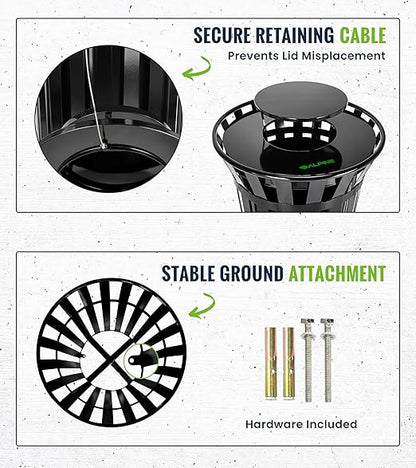 Alpine Industries 38 Gallon Commercial Outdoor Metal Trash Can with Liner, Flat Lid & Rain Bonnet