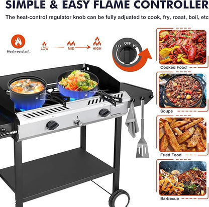 Llamaviva 2 Burner Outdoor Gas Stove with Side Shelves, Auto-ignition & Regulator, 150,000 BTU Propane Outdoor Stoves for Cooking, Camping&BBQ Cookouts