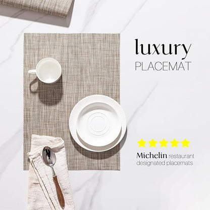 LEXMORE Placemats Set of 6 Vinyl/Plastic Woven Place Mats for Kitchen Table Indoor/Outdoor Washable Placemat Wipeable Dining Table Mats(Caramel)