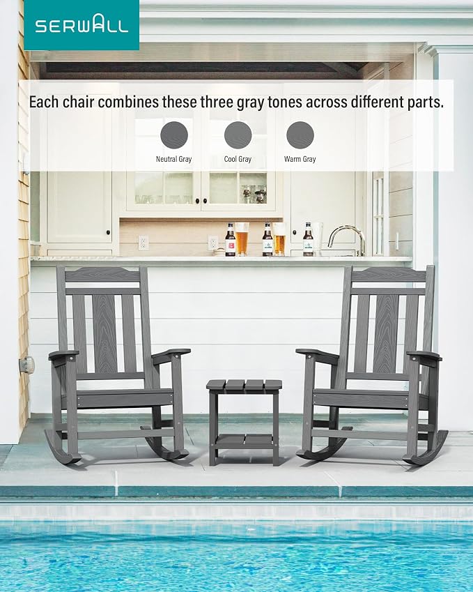SERWALL Outdoor Rocking Chairs Set of 2, Oversized Patio Rocker Unique Gray | - Image 3