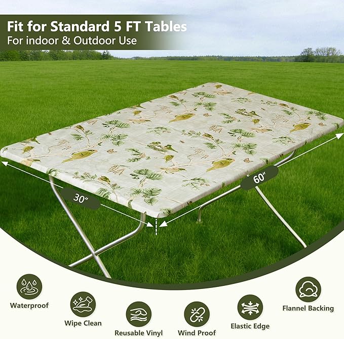 Rectangle Picnic Table Cloth, Elastic Waterproof Fitted Vinyl Tablecloths for 5 Foot Tables, Wipeable Flannel Backed Table Covers for Dining, Camping, Outdoor(Magpie,30"x60")