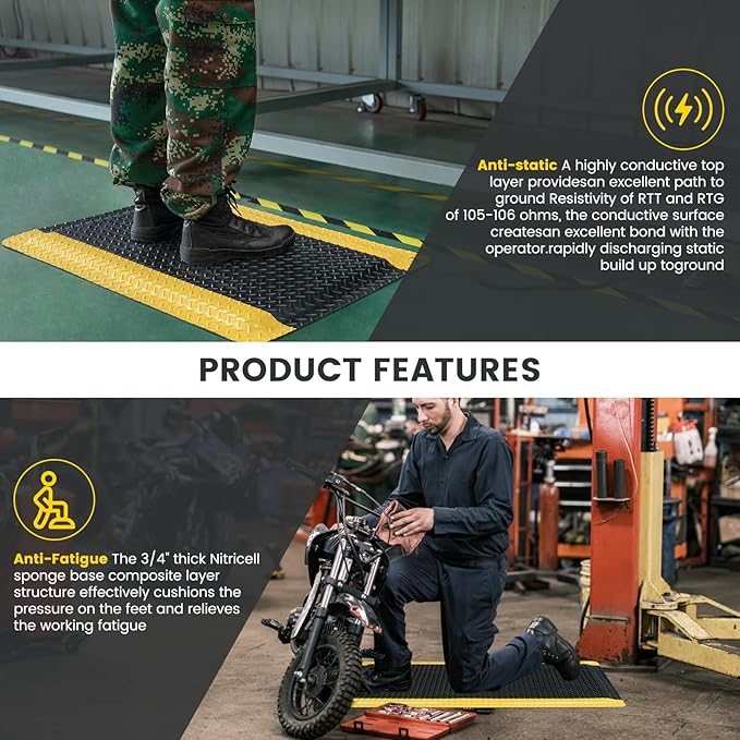 2' x 3' ESD Anti-Fatigue Conductive Mat, Durable Heavy Duty Diamond Plate, Non Slip Waterproof Floor Mats for Commercial&Industrial Work, Thick 3/4” with Yellow Border
