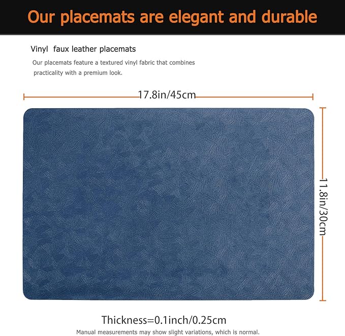 Vinyl Placemats Set of 4 Faux Leather 100% Waterproof Wipeable Washable Place Mats Heat Resistant Easy Clean Non-Slip Table Mats for Indoor Outdoor. (4,Blue)
