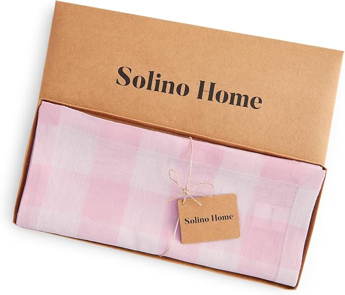 Solino Home Linen Checkered Table Runners 90 Inches Long - 100% Pure Linen Marshmellow Pink Buffalo Check Table Runner 14 x 90 Inch Ideal for Dining, Valentines, Spring, Easter