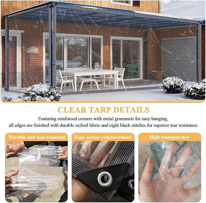 15x18 FT Clear Vinyl Patio Enclosure Panels - Heavy Duty Waterproof Clear Tarps with Reinforced Edges & Grommets for Temporary Winter Porch Enclosure & Deck Enclosure