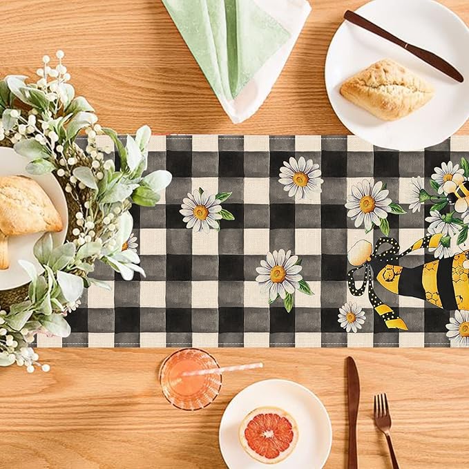 Seliem Spring Bee Gnome Table Runner, Honey Black White Buffalo Plaid Check Home Kitchen Dining Decor, Summer Seasonal Farmhouse Daisy Decorations Indoor Outdoor Anniversary Party Supply 13 x 60 Inch