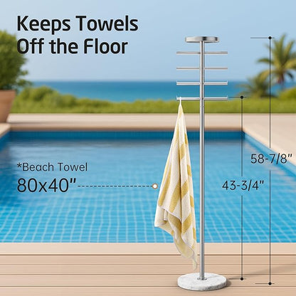 KES Hot Tub Towel Rack Outdoor with Natural Marble Extra Weight Base, 8 Arms 360° Adjustable 59in Outdoor Towel Rack for Pool with Storage Tray, 18/8 Stainless Steel, Brushed Finish, OTR204-2