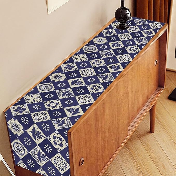 Floral Birds Mexican Table Runner, Blue Mexico Talavera Ceramic Tiles Cinco De Mayo Azulejo Coffee Table Center Decor for Family Kitchen and Dining Patio Indoor Outdoor Table Decorations, 13" X 90"