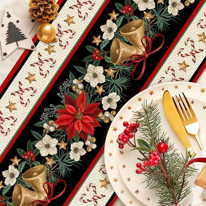 Christmas Bells Table Runner Burlap Kitchen Dining Linen Table Decoration for Indoor Outdoor Home Party Dinner 13x72 Inch