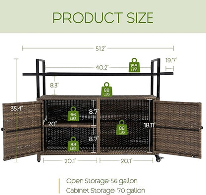 Wicker Outdoor Bar Cart - Brown Patio Console Storage Table Buffet Cabinet Serving Kitchen Cart with Wheels for Outside Backyard