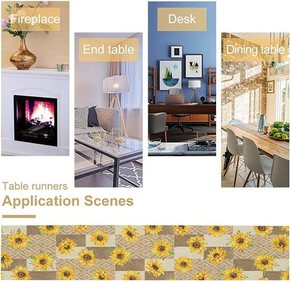 Farmhouse Sunflower Table Runner, Rustic Vintage Linen Patchwork Summer Yellow Floral Table Cover for Bithday Party Home Kitchen Dining Room Decor, 13x90inch