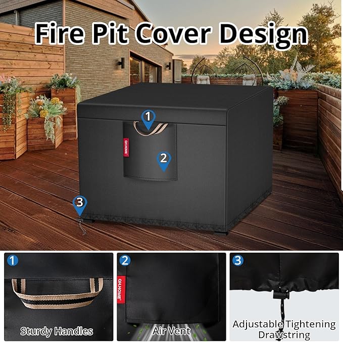 QH.HOME Fire Pit Cover, 28 inch Firepit Covers Square - Heavy Duty Gas Fireplace Fire Pit Table Cover for 26/27/28 inch Propane Fire Pit 28 X 28 inch
