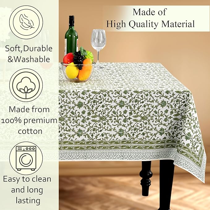 CPC Meadow Vine Tablecloth 100% Cotton 80x120 Inch Indian Block Print Rectangle Table Cover, Table Cloth for Gifting in Weddings, Halloween, Fall, Christmas, Thanksgiving