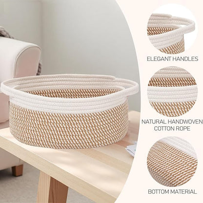 Woven Basket,Small Rope Storage Bin with Handles & Ribbon Bag, Organizer for Shelves Closets,Gift Basket Empty for Birthday,Books,Dog Toys, White&Brown Block/3 Pack