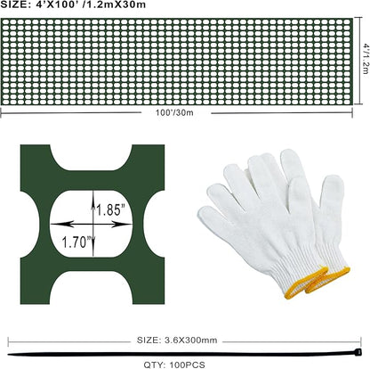 Safety Fence Plastic Mesh Fencing Roll, 4'x100' Feet 1 Roll with 100 Zip Ties, Temporary Reusable Netting for Snow Fence, Garden, Construction and Animal Barrier