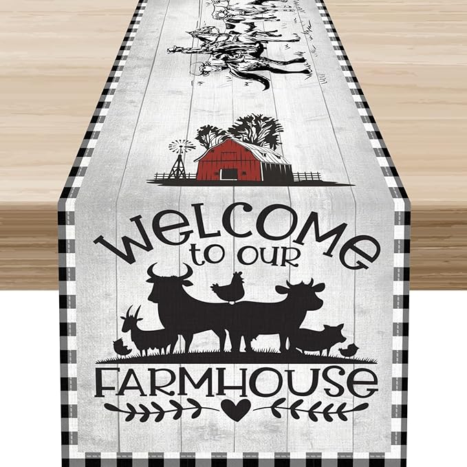 Farmhouse Cow Table Runner, Rustic Rooster Sheep Black White Plaid Animals Farm Coffee Table Center Decor for Home Kitchen Dining Patio Holiday Party Indoor Outdoor Table Decorations, 13"x36"