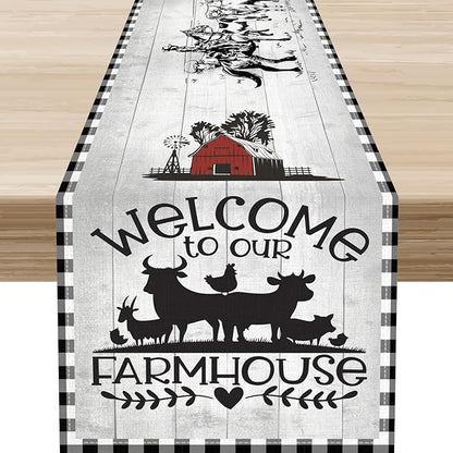 Farmhouse Cow Table Runner, Rustic Rooster Sheep Black White Plaid Animals Farm Coffee Table Center Decor for Home Kitchen Dining Patio Holiday Party Indoor Outdoor Table Decorations, 13"x72"