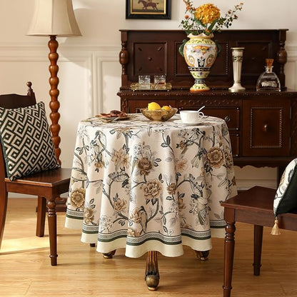 ISAENNE Designer Vintage Linen Round Table Cloth,Floral and Bird Pattern Elegant Tablecloth,Fall Wrinkle Resistant Home Decor Tablecloths for Dining Kitchen Christmas,Diameter 67"-Murad A