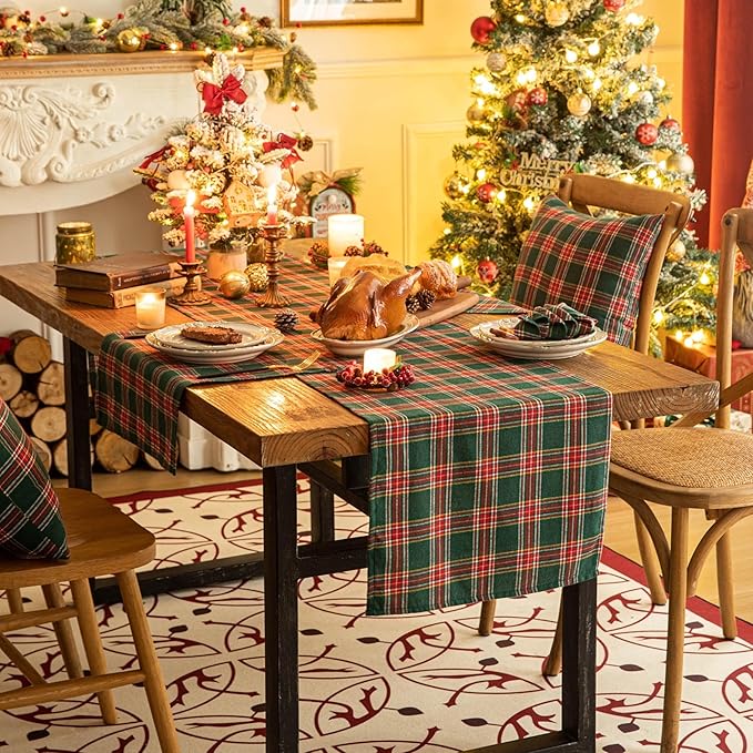 Green Red Plaid Christmas Table Runner, Winter Holiday Table Runners 90 inches Long, Xmas Decorations Indoor Outdoor Farmhouse Home Kitchen Dining Party Decor