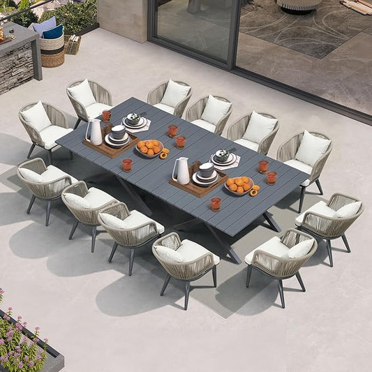 PURPLE LEAF 14 Pieces Patio Dining Set Wicker Outdoor Furniture Oversize Rectangular Table and Chairs Set for Garden Deck Aluminum Frame Backyard Kitchen Set, Cushions and Pillows Included Taupe