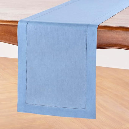 Solino Home Linen Cornflower Blue Hemstitch Table Runner 60 Inches - 100% Pure Linen Table Runner 14 x 60 Inch Ideal for Dresser and Coffee Tables - Classic Hemstitch - Spring, Easter