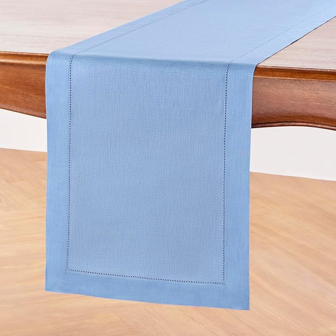 Solino Home Linen Cornflower Blue Hemstitch Table Runner 36 Inches - 100% Pure Linen Table Runner 14 x 36 Inch Ideal for Dresser and Coffee Tables - Classic Hemstitch - Spring, Easter