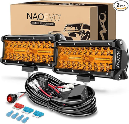 NAOEVO 7 Inch Amber LED Light Bar, 240W 24,000LM Offroad Fog/Driving Lights LED Pods with 2 Leads Wiring Harness Kit, Spot & Flood Work for Truck Boat UTV ATV, 2-Pack (Amber)