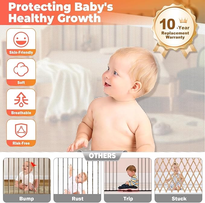 120" Extra Wide Retractable Baby Gates Dog Gate, Long Mesh Gate Pet Gate for Large Opening, 34" Extra Tall Child Safety Gate with Reinforced Strips for Stairs Hallways Doorways Deck Indoor Outdoor